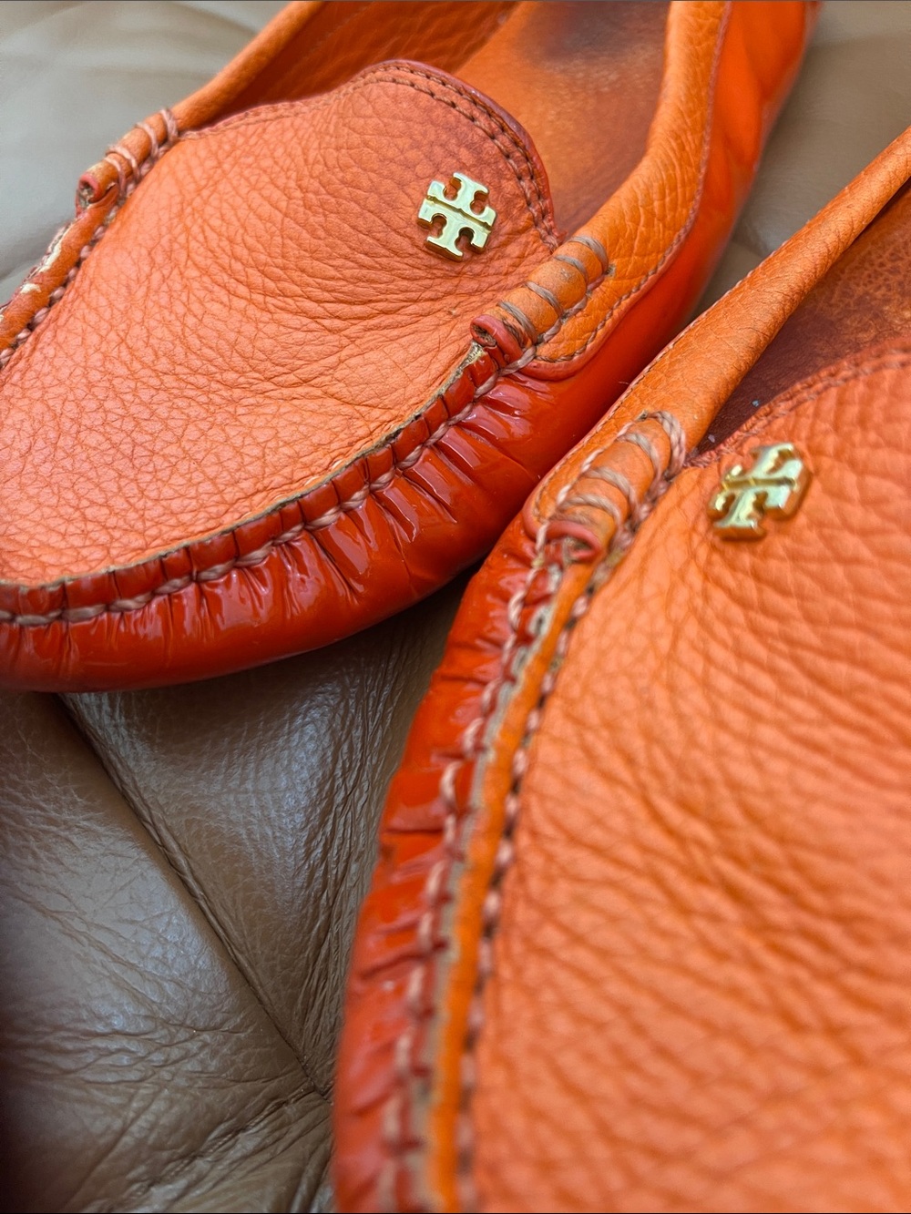 Tory Burch Orange Patent Leather Driving Loafers with Rubber Pebble Soles - Picture 9 of 10